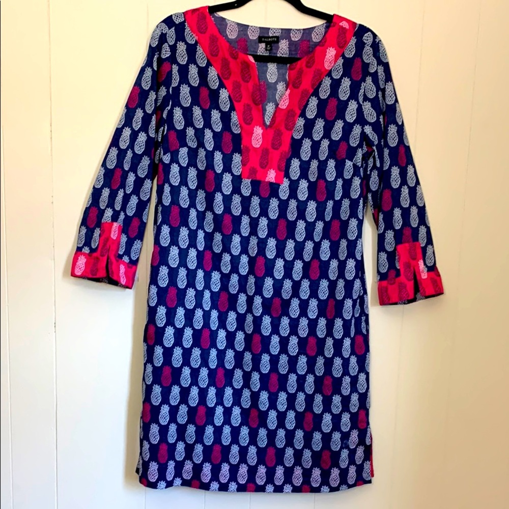 Talbots Cotton Pineapple Beach Tunic Cover-up Resort Dress Size Med Pockets NWOT